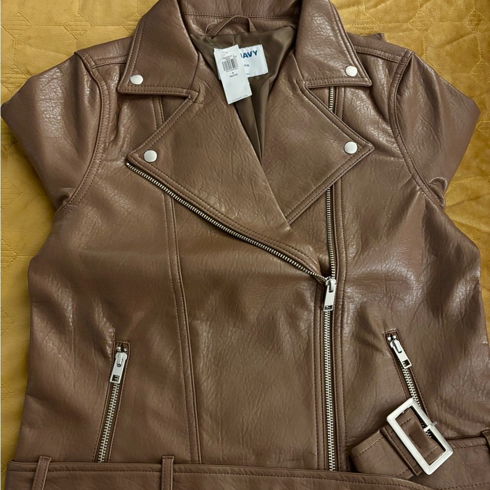 Rich Brown Leather Motorcycle Jacket with Belted Hem